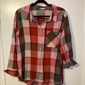 Plaid Button-Up Shirt in Red, Pink, and Green